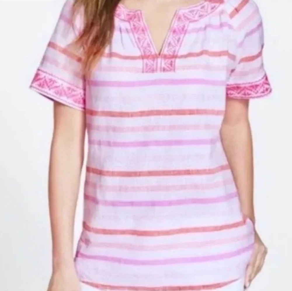 Vineyard Vines Pink Stripe Gustavia Top Bohemian Embroidered Cotton Linen XS